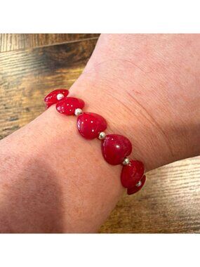 Vintage 925 Sterling Silver Red Jade Quartzite Carved Heart Toggle Bracelet 7.5"